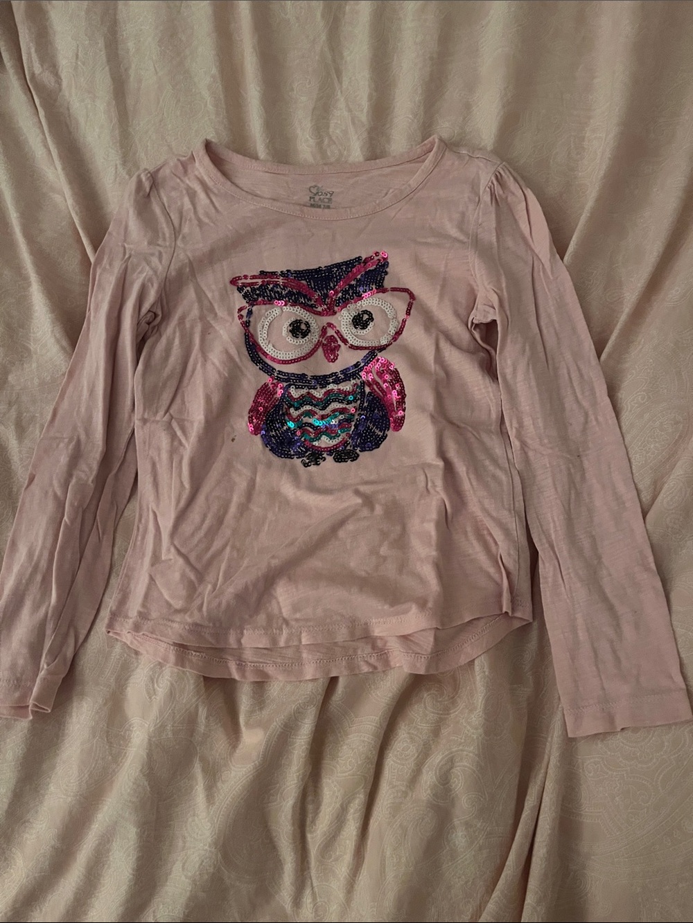 The Children's Place Pale Pink Long-Sleeve Sequin Owl Tee